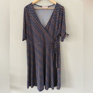 Pennington’s Navy & Rust Geometric Print V Neck Wrap Midi Short Sleeve Dress